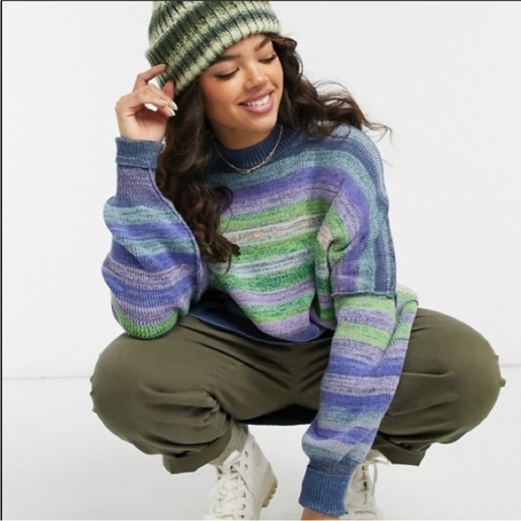 Free People Colorful Striped Crew Neck Sweater women’s size large - Picture 2 of 10